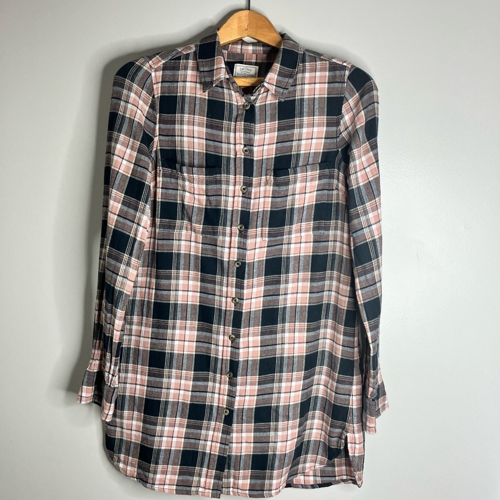FAT FACE UK W4 Flannel Pink Black White Long Button Down